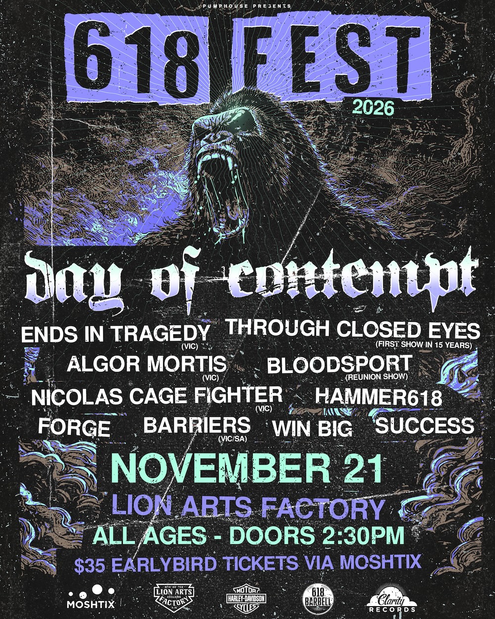 618 Fest 2026 poster featuring a roaring gorilla graphic and headliner Day of Contempt, November 21 at Lion Arts Factory.